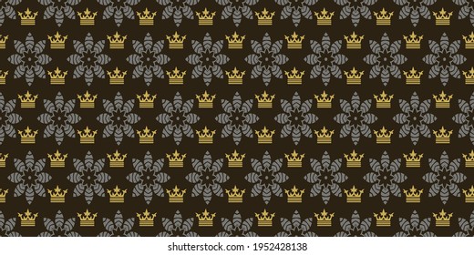 Background pattern with golden royal crowns and gray decorative elements on a black background, wallpaper. Seamless pattern, texture for your design. Vector illustration 