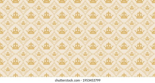 Background pattern with golden royal crowns on a white background. Great for postcards, covers, wallpapers. Seamless pattern, texture for your design. Vector image 
