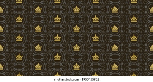 Background pattern with golden royal crowns and floral ornaments on a black background. Great for postcards, covers, wallpapers. Seamless pattern, texture for your design. Vector illustration