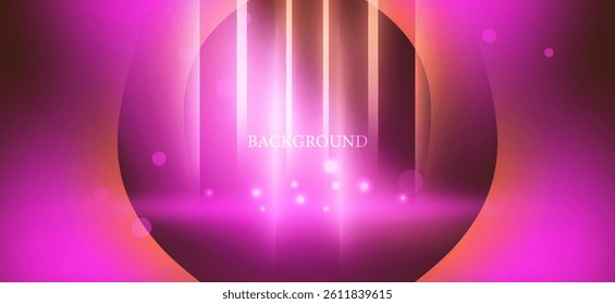 The background pattern graphic has purple and pink tones that give a bright and energetic feeling. The use of a central light and lines of light shooting up from below create depth and attract attenti