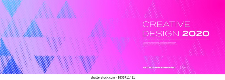 Background pattern, halftone color gradient, vector modern trend, creative design of 2020. Triangle geometric abstract pattern on purple pink neon color background