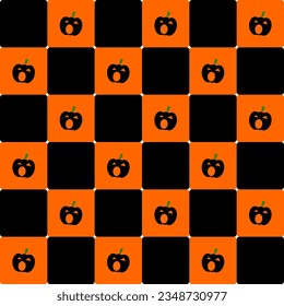 background pattern for Halloween festival, using orange and black checkerboard background and repeated small black pumpkin icon.