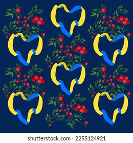 Patrón de fondo de corazones y viburno. Con amor a Ucrania. Día de San Valentín. Símbolos tradicionales ucranianos: cinta amarillo-azul y viburno rojo.
