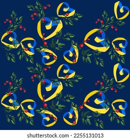 Hintergrundmuster von Herzen und Viburnum. Mit Liebe zur Ukraine. Valentinstag. Traditionelle ukrainische Symbole: gelb-blaues Band und rotes Viburnum.