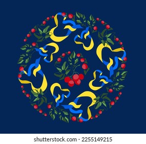 Patrón de fondo de corazones y viburno. Con amor a Ucrania. Día de San Valentín. Símbolos tradicionales ucranianos: cinta amarillo-azul y viburno rojo.