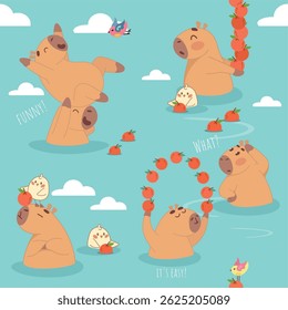 Background, pattern, background image, print, fabric print, cover, clothes print, T-shirt, girl, boy, kids, seamless, seamless background, seamless pattern
funny capybaras swim, juggle oranges