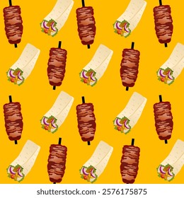 Background pattern kebab. Seamless pattern of Doner Kebab. Concept of shawarma, street food, barbecue, cuisine. Fresh vegetables. Packaging background. Vector hand drawn Illustration