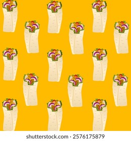 Background pattern kebab. Seamless pattern of Doner Kebab. Concept of shawarma, street food, barbecue, cuisine. Fresh vegetables. Packaging background. Vector hand drawn Illustration