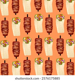 Background pattern kebab. Seamless pattern of Doner Kebab. Concept of shawarma, street food, barbecue, cuisine. Fresh vegetables. Packaging background. Vector hand drawn Illustration