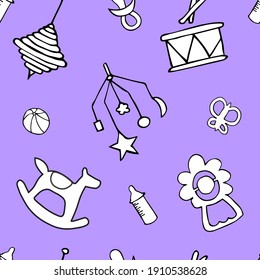 Patrón de fondo con juguetes para niños, tambor y caballo, bola y mariposa, rattle y botella de alimentación. Ilustración vectorial. Diseño de papel pintado y embalajes, tejidos y textiles.