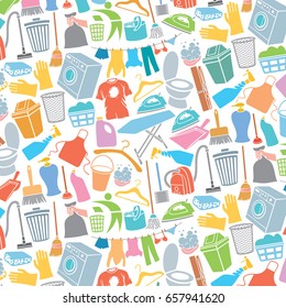 background pattern with laundry and cleaning icons (soap with foam, washing machine, clothes hanging on a clothesline, detergent) 