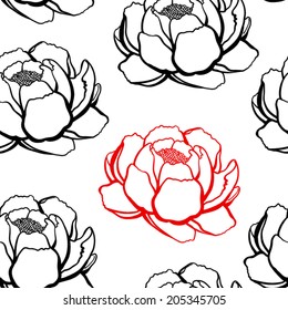 background pattern with lilies black and red outline on white