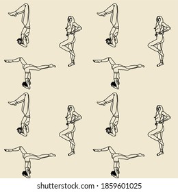 Das Hintergrundmuster mit Linie Art Silhouette des Mädchens, das Yoga-Asanas macht.