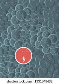 Background pattern made of bluish-gray circles  with human silhouettes inside them and one isolated red and white element.