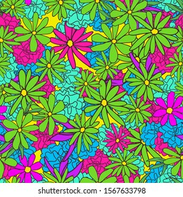 Background pattern of many different small flowers and plants. Seamless vector illustration. Design print for textiles
