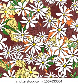 Background pattern of many different small flowers and plants. Seamless vector illustration. Design print for textiles