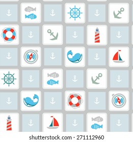Background, pattern marine, grey, blue. On a blue background depicts the attributes of marine life. Grey-blue pattern. For printing and textile prints. 