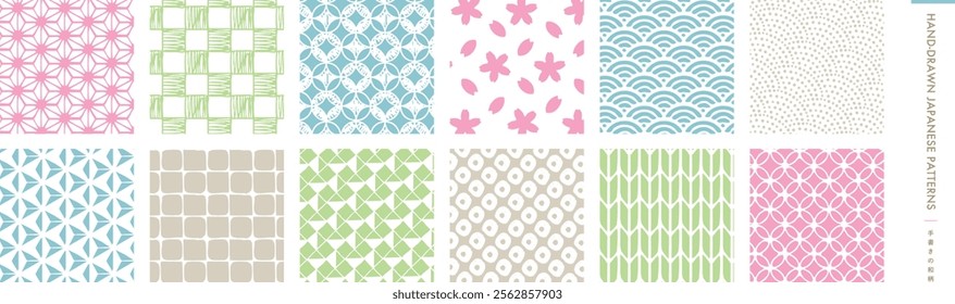 Background pattern material with hand-drawn Japanese patterns, perfect for New Year's greetings and spring Japanese scenes, including cherry blossom patterns and Seigaiha waves