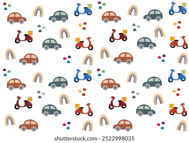 background pattern means of transportation, cars, bicycles. transportation equipment vector background. Cute Cars and Motorbikes Seamless Pattern, Childish Cartoon Background, Vector illustration.