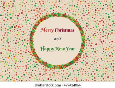 Background pattern with mess of color dots with different size and christmas wish. Multicolor dotted wallpaper contains text: Merry Christmas and Happy New Year.