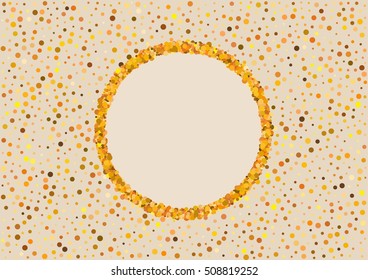 Background pattern with mess of color dots with different size with blank circle in centre for your text. Multicolor dotted wallpaper.