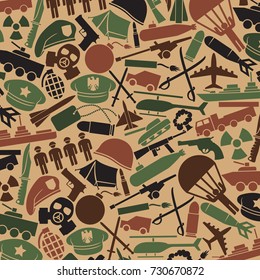 background pattern with military icons: knife, handgun, bomb, bullet, gas mask, swords, helmet, captain hat, explosion, dynamite, tent, machine gun, military beret, aircraft carrier, battleship
