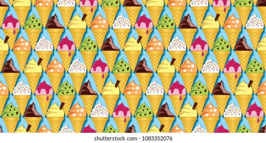 Background pattern of multi-flavored ice cream cones. Seamless repeat vector