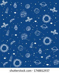 background with a pattern on a blue background cosmos rocket planets and satellite