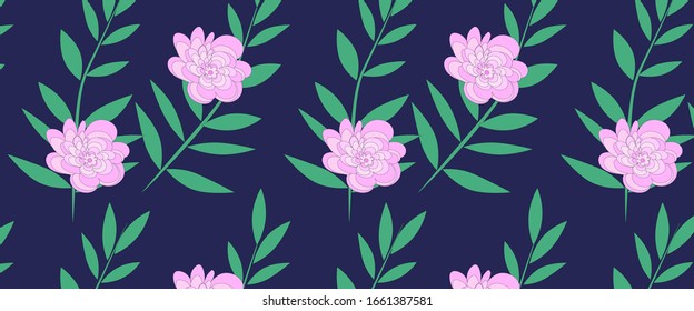 
Background. Pattern on a dark blue background green twigs, leaves and pink flowers. Banner. Print for fabrics, wallpaper and wrapping paper.