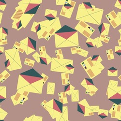 Background pattern with open mail envelope. Modern doodle pop art sketch. Bright seamless pattern with colorful envelopes, letters. For textiles, packaging paper.