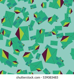 Background pattern with open mail envelope. Modern doodle pop art sketch. Bright seamless pattern with colorful envelopes, letters. For textiles, packaging paper.