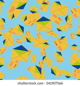 Background pattern with open mail envelope. Modern doodle pop art sketch. Bright seamless pattern with colorful envelopes, letters. For textiles, packaging paper.