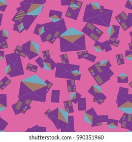 Background pattern with open mail envelope. Modern doodle pop art sketch. Bright seamless pattern with colorful envelopes, letters. For textiles, packaging paper.