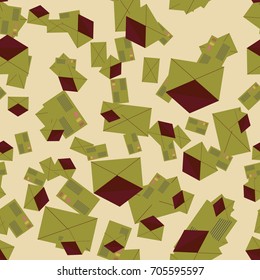 Background pattern with open mail envelope. Modern doodle pop art sketch. Bright seamless pattern with colorful envelopes, letters. For textiles, packaging paper.