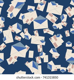 Background pattern with open mail envelope. Modern doodle pop art sketch. Bright seamless pattern with colorful envelopes, letters. For textiles, packaging paper.