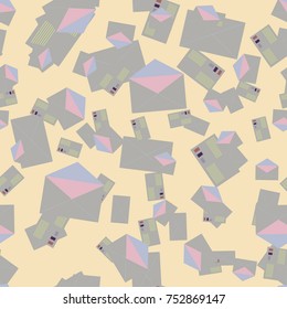 Background pattern with open mail envelope. Modern doodle pop art sketch. Bright seamless pattern with colorful envelopes, letters. For textiles, packaging paper.