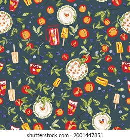 Background pattern of peaches on a green background. Trendy summer templates. Good for poster, invitation, card, flyer, cover, banner, brochure and other graphic design.
