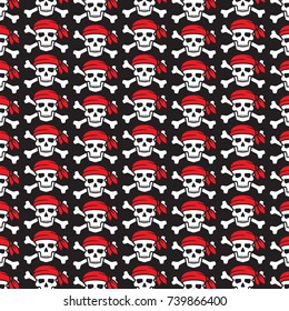 background pattern with pirate skull with red bandana and crossed bones 