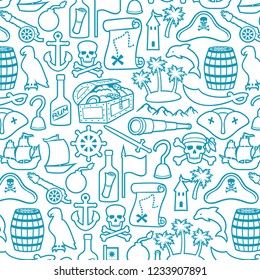 background pattern with pirates thin line icons set (sabre, skull with bandanna and bones, hook,triangle hat, old ship, spyglass, treasure chest, cannon, anchor, rudder, mountain, map, barrel, rum)