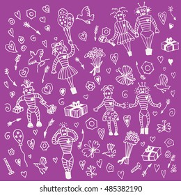 background pattern print lovers robots sketch hand-drawn vector illustration