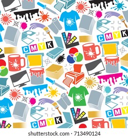 Background pattern with printing icons (palette, printer, CMYK and RGB colors, paintbrush, pipette, monitor, magnifier, plotter, gamma and tool)