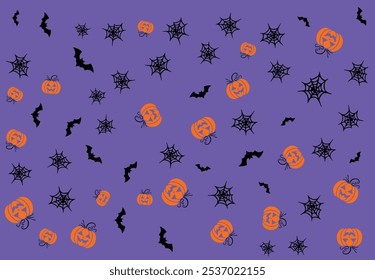 background, pattern, purple background with elements of different sizes of pumpkins, bats and cobwebs, background for halloween