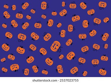 background, pattern, purple background with elements of different sizes of pumpkins, jack o'lantern, background for halloween