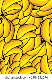 background and pattern with repeating bananas, fruit pattern, messy yellow bananas