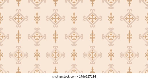 Background pattern in retro style with repeating ornament on beige background, wallpaper. Seamless pattern, texture. Vector graphics