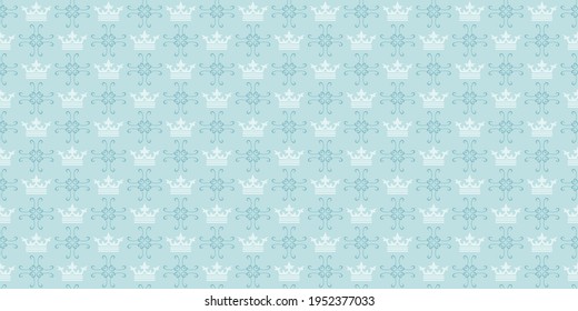 Background pattern with royal crowns and decorative elements on a light blue background. Seamless pattern, texture for your design. Vector image