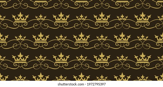 Background pattern with royal crowns on a black background, vintage style wallpaper. Seamless pattern, texture. Vector image