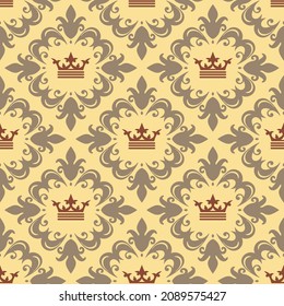 Background pattern in royal style with decorative ornament on beige background. Seamless fabric texture, wallpaper. Flat design. Vector illustration