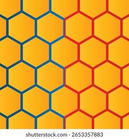 Padrão de plano de fundo cor amarela a laranja nas cores vermelho e azul do hexágono alveolado sem costura. versus fundo