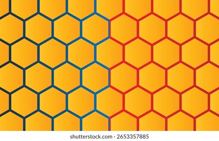 Background pattern seamless hexagon honeycomb gradient yellow to orange color on ren and blue color. versus background